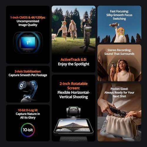 DJI Osmo Pocket 3 Creator Combo, 1'' CMOS, 4K Resolution/120fps Vlog Camera, 3-Axis Stabilization, Face/Object Tracking, Mic Included for Clear Sound, Digital Camera for YouTube : Electronics